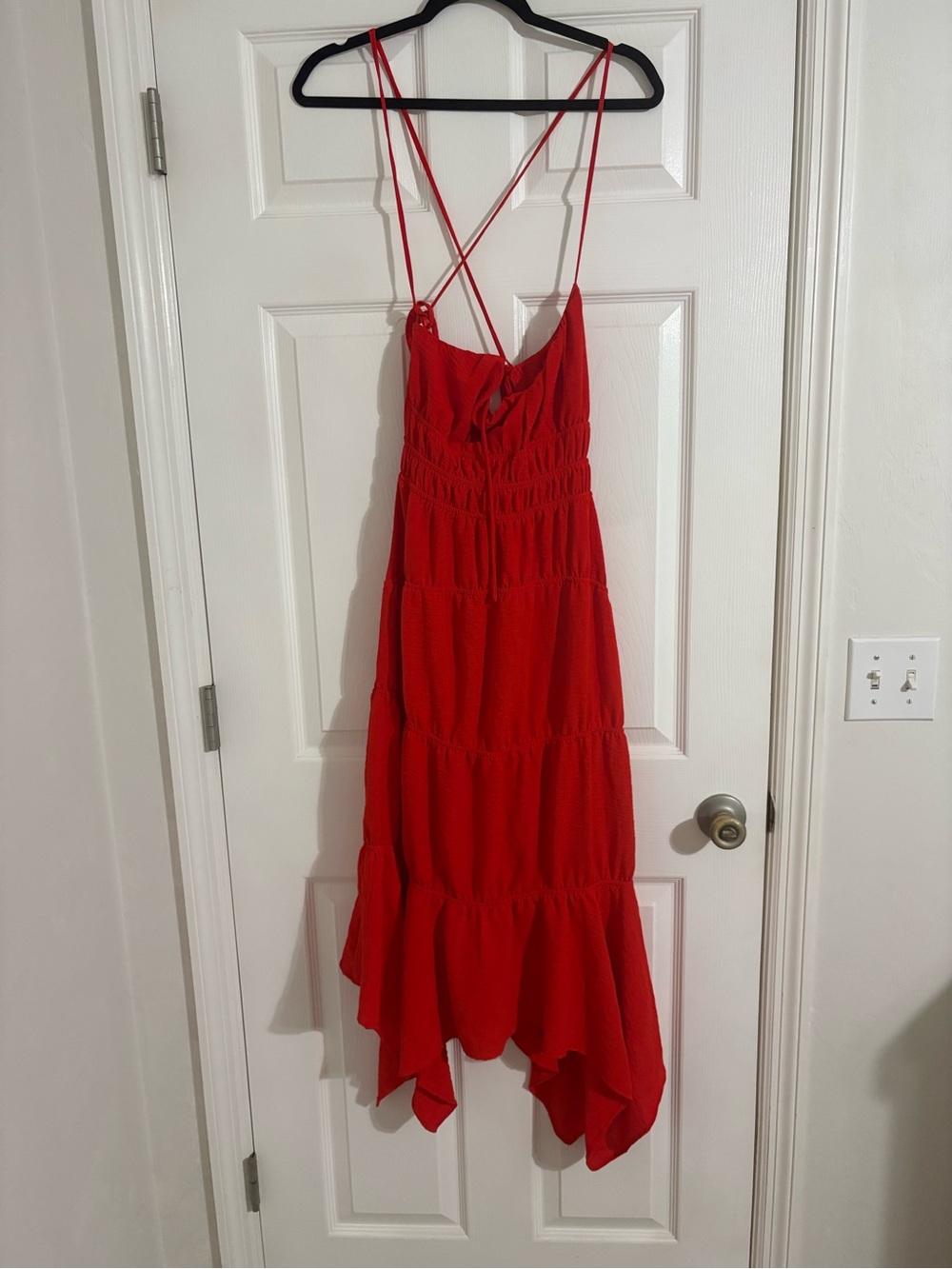 Monteau Red Asymmetrical Tiered Spaghetti-Strap Dress